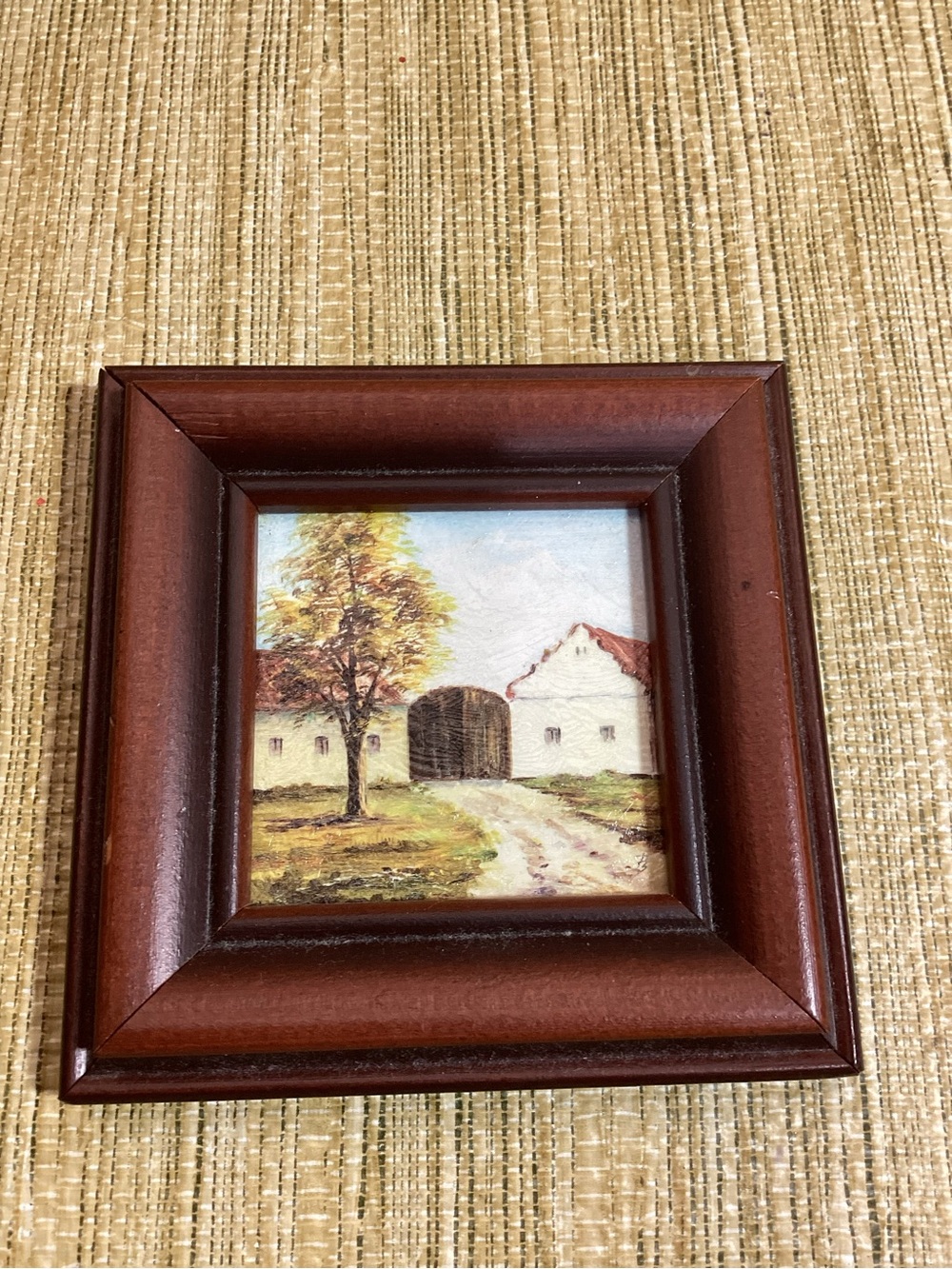 Framed Miniature Landscape Painting in Brown Wood Frame 3.5” x 3.5”